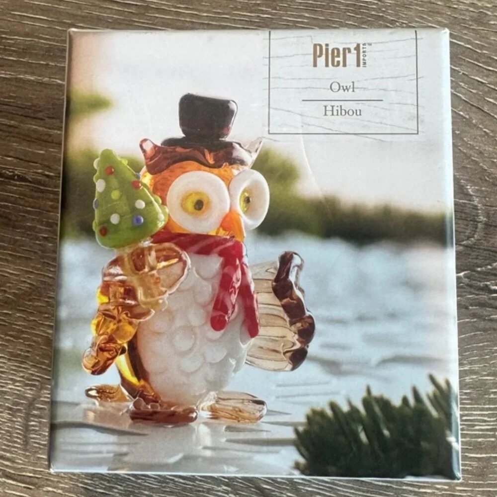 Pier 1 Hand Blown Glass Christmas Owl Figurine